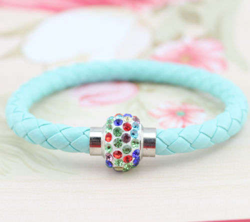 LEATHER WRAP - LIGHT BLUE WRISTBAND WITH MULTICOLOR RHINESTONES MAGNETIC CLASP BRACELET