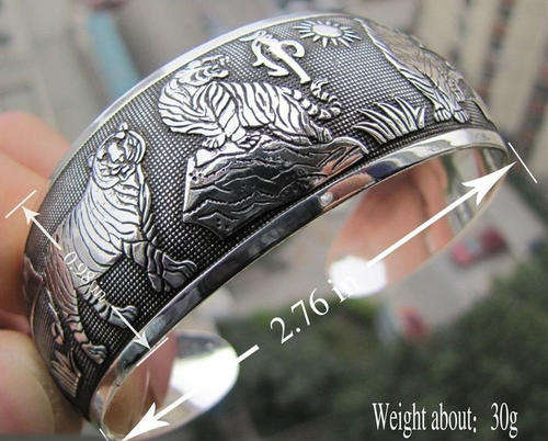 BRACELET - TIBETAN SILVER TOTEM CUFF BRACELET - CARVED TIGERS