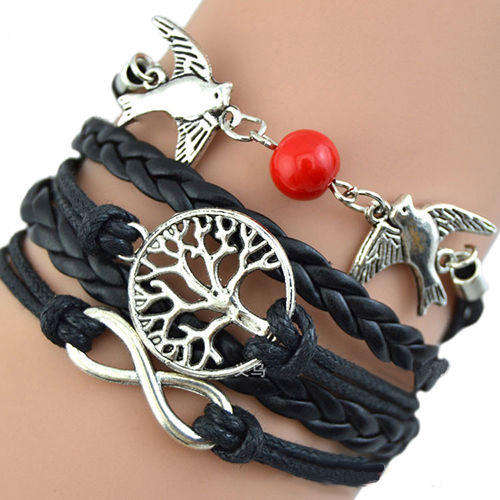 INFINITY - LEATHER AND ROPE BRACELET - SILVER AND BLACK - BIRDS, PEARL AND TREE OF LIFE - 5 IN ONE