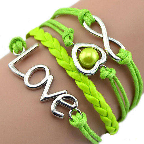 INFINITY - LEATHER & ROPE BRACELET - SILVER & LIME GREEN - LOVE, HEART AND PEARL - 4 IN ONE