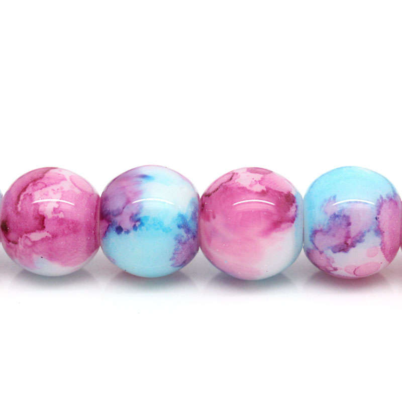 GLASS BEADS - LOOSE - ROUND - WHITE, PINK AND BLUE MOTTLED - 10mm