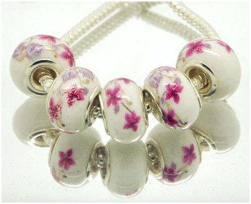 EUROPEAN STYLE - 925 SILVER CORE - CERAMIC GLASS BEADS - WHITE WITH PURPLE FLOWERS