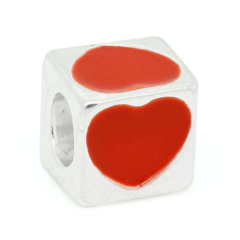EUROPEAN STYLE - CHARM BEAD - SILVER CUBE - RED ENAMEL HEART