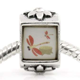 EUROPEAN STYLE - RECTANGLE - ANTIQUE SILVER -  DRAGONFLY DECAL - BEADS - 9.50x15.50x8.50mm
