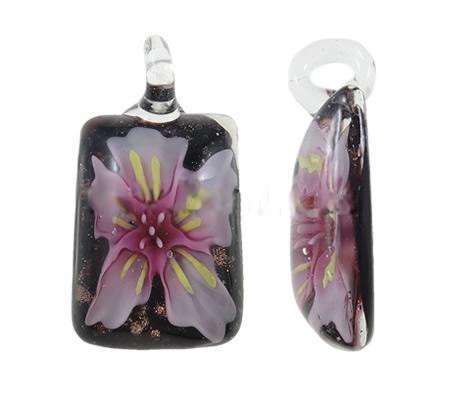 PENDANTS - INNER FLOWER - LAMPWORK - RECTANGLE - HANDMADE - GOLD SAND - 24x34x11mm