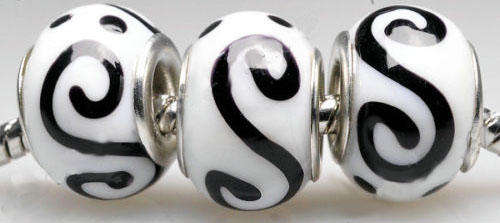 EUROPEAN STYLE - 925 SILVER CORE - MURANO GLASS - LAMPWORK BEADS - SOLID WHITE WITH BLACK "S" DESIGN