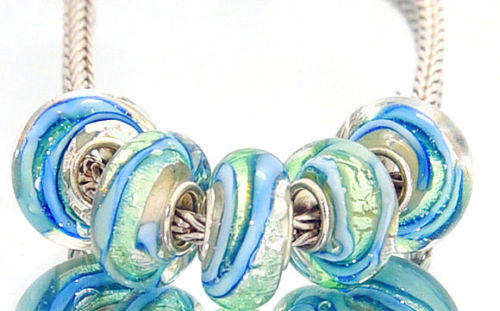 PANDORA STYLE 925 SILVER MURANO GLASS BEADS - SILVERFOIL - BLUE, AND GREEN PASTEL