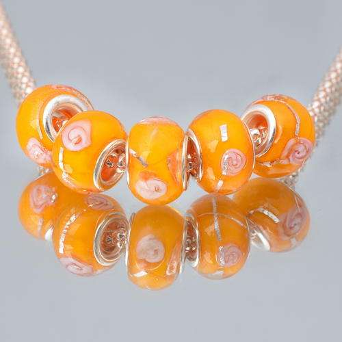 925 SILVER CORE - MURANO GLASS BEADS - CLEAR ORANGE WITH GOLD DUST AND INNER ROSE