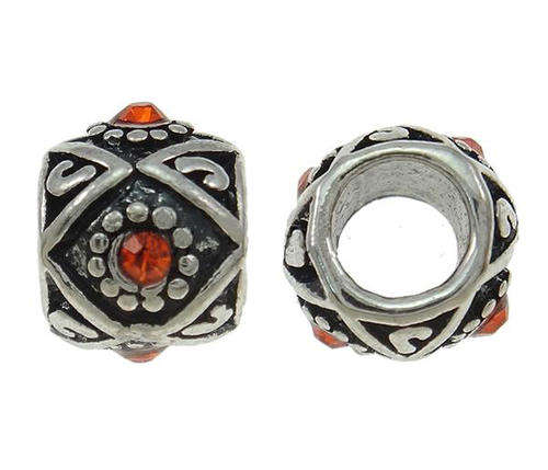 EUROPEAN STYLE - ANTIQUE SILVER - FLOWER - CARVED PATTERN CHARM BEADS - RED RHINESTONE - 10x8mm