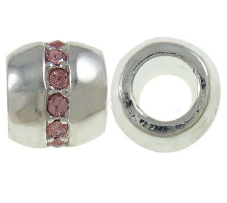 EUROPEAN STYLE - ANTIQUE SILVER - BARREL SPACER BEADS WITH PINK CZ CRYSTALS