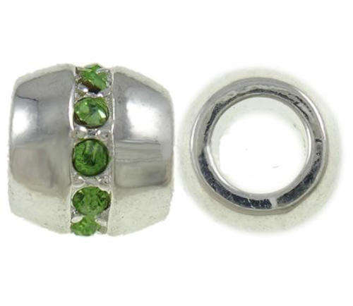 EUROPEAN STYLE - ANTIQUE SILVER - BARREL SPACER BEADS WITH GREEN CZ CRYSTALS
