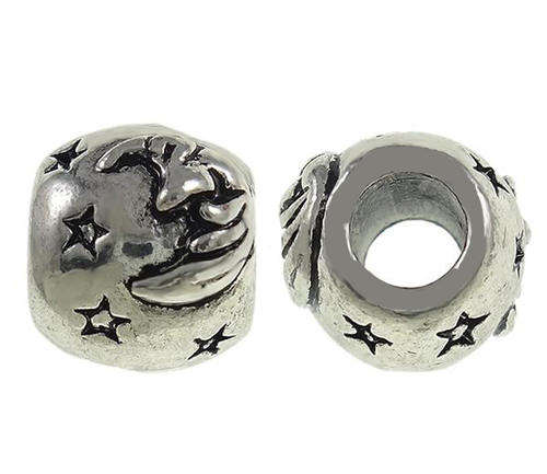 EUROPEAN STYLE - ANTIQUE SILVER - CELESTIAL - MOON AND STARS - DRUM - SPACER BEADS - 11x10mm