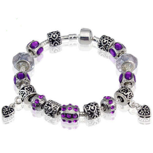 BRACELETS - EUROPEAN - SNAKE CHAIN 20cm - COMPLETE - SILVER - ANTIQUE SILVER & LILAC CRYSTAL BEADS