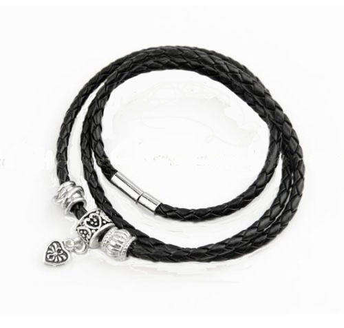 LEATHER WRAP - TRIPLE - BLACK WRISTBAND WITH PANDORA STYLE CHARMS - BRACELET