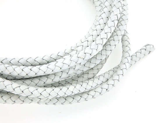 BRAIDED LEATHER CORD - WHITE - ROUND - 6mm - SOLD PER METER