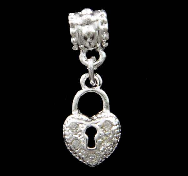 EUROPEAN STYLE - HEART LOCK WITH RHINESTONES - DANGLE CHARMS - 9.50x26x7mm