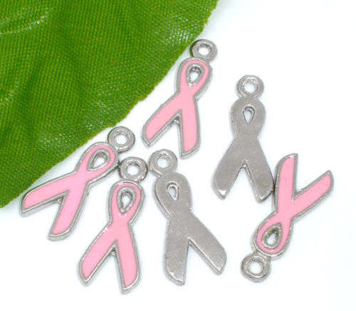 CHARMS - SILVER WITH PINK AND WHITE ENAMEL - CANCER RIBBON - 21mm x 16mm