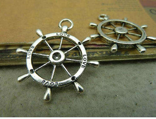 CONNECTORS - ANTIQUE SILVER - RUDDER, SHIP, WHEEL, HELM, LOVE, NAUTICAL - CHARMS - 23x21mm