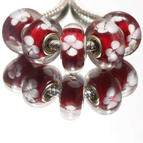 EUROPEAN STYLE - 925 SILVER CORE - MURANO GLASS BEADS - CLEAR RED WITH WHITE INNER FLOWER
