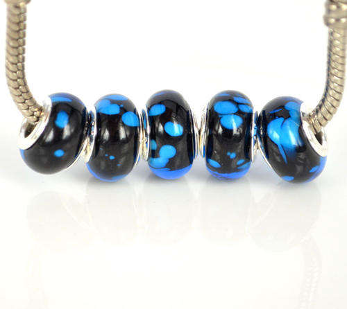 EUROPEAN STYLE - 925 SILVER CORE - MURANO GLASS BEADS - CLEAR BLACK WITH BRIGHT BLUE INNER SPOTS