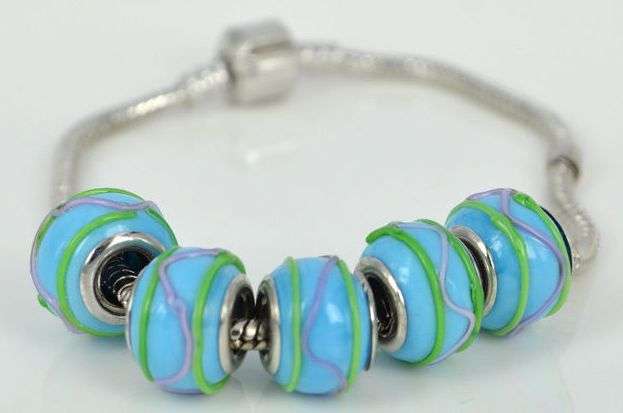 EUROPEAN STYLE - 925 SILVER CORE - MURANO GLASS BEADS - AQUA BLUE WITH PINK AND GREEN STRIPES
