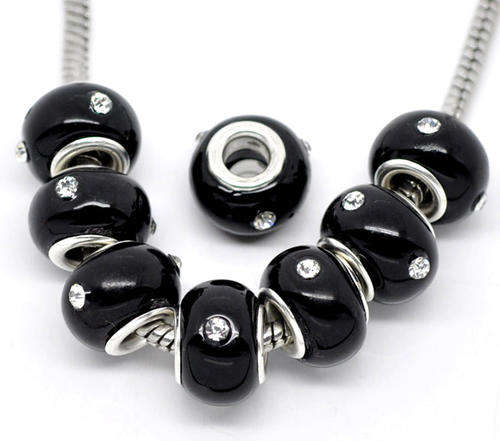 EUROPEAN STYLE - 925 SILVER CORE - MURANO GLASS BEADS - SOLID BLACK WITH CLEAR RHINESTONES