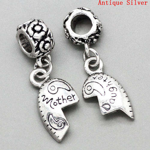 EUROPEAN STYLE -  ANTIQUE SILVER - "MOTHER DAUGHTER" - DANGLE CHARMS - SOLD PER SET