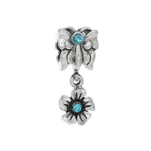 EUROPEAN STYLE - ANTIQUE SILVER - SKY BLUE RHINESTONES - BUTTERFLY AND FLOWER - DANGLE CHARMS