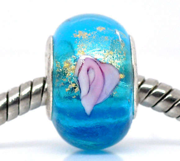 EUROPEAN STYLE - 925 SILVER CORE - MURANO GLASS BEADS - CLEAR BLUE, PINK INNER FLOWER AND GOLDSAND