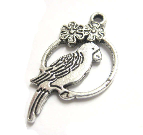 CHARMS - CONNECTORS - ANTIQUE SILVER - BIRD PARROT IN RING - 28x14mm