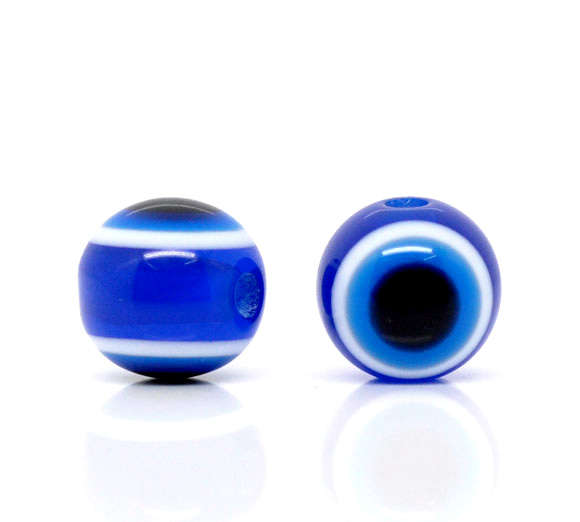 ACRYLIC - RESIN - COBALT BLUE, BLACK AND WHITE - EVIL EYE - STRIPED ROUND BEADS - 10mm
