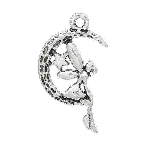 CHARMS - ANTIQUE SILVER - FAIRY SITTING ON THE MOON - CHARM PENDANTS - 25x15mm
