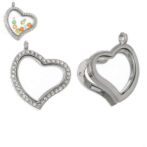 FLOATING CHARMS - LIVING MEMORY - ORIGAMI - GLASS - LOCKET - HEART - 3.4cm x 2.9cm - SILVER TONE