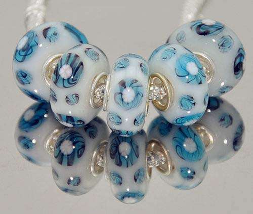 EUROPEAN STYLE - 925 SILVER CORE - MURANO GLASS BEADS - SOLID WHITE, DARK AND LIGHT BLUE FLORAL