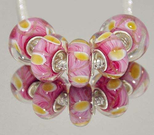 EUROPEAN STYLE - 925 SILVER CORE - MURANO GLASS BEADS - CLEAR, PINK, YELLOW AND WHITE INNER LEAF