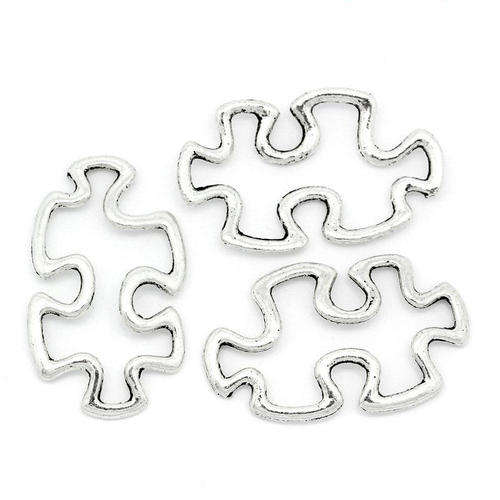 CONNECTORS - AUTISM AWARENESS - PUZZLE PIECE - ANTIQUE SILVER - HOLLOW - 42x25mm
