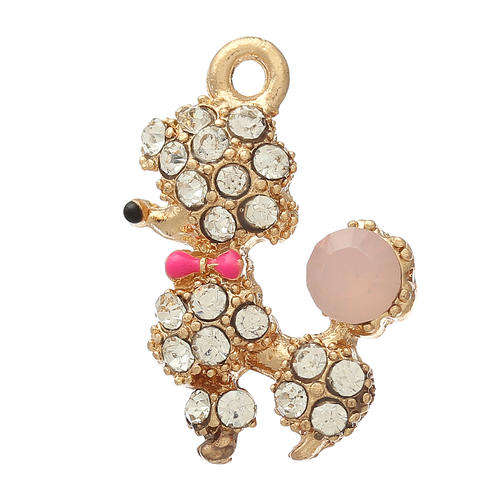 CHARMS - POODLE DOGGY - GOLD PLATED - WHITE AND PINK ENAMEL - CLEAR RHINESTONES - 21x15mm