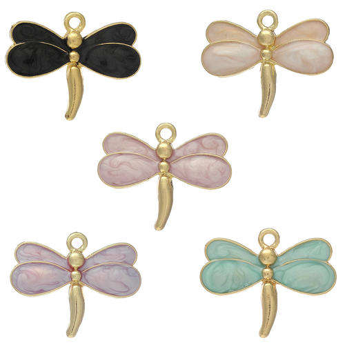 CHARMS - DRAGONFLY - GOLD TONE AND MIXED ENAMEL COLORS - PENDANTS - 26x21mm