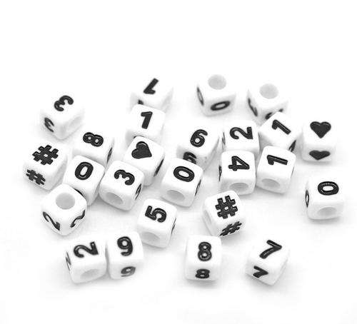 ACRYLIC - NUMBER AND SYMBOL CUBIC BEADS - 7mm - BLACK ON WHITE BACKGROUND - RANDOMLY MIXED