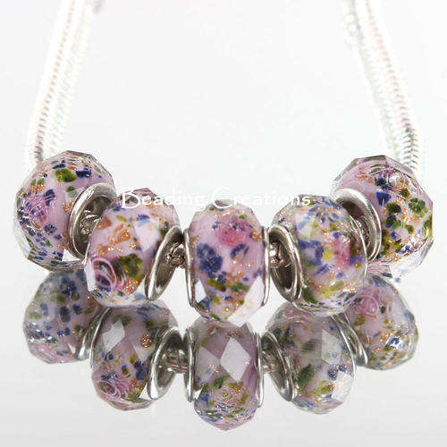 EUROPEAN STYLE - 925 SILVER CORE - MURANO GLASS BEADS - FACETED LILAC WITH INNER FLORAL DESIGN