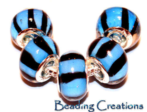 EUROPEAN STYLE - 925 SILVER CORE - MURANO GLASS BEADS - CLEAR WITH BRIGHT BLUE & BLACK INNER STRIPES