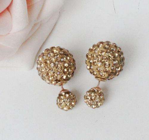 EARRINGS - SILVER SHAMBALLA GOLD RHINESTONE DOUBLE BALL STUD