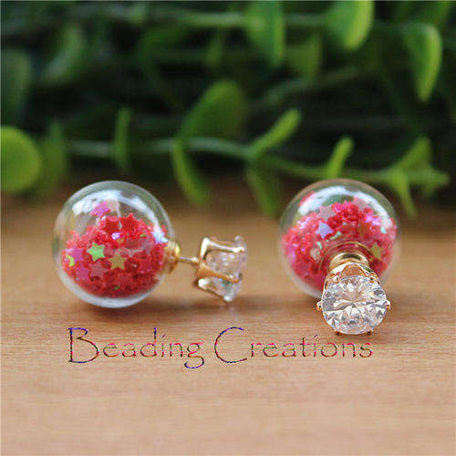 EARRINGS - CLEAR GLASS BALL DOUBLE SIDED STUD - STARS RED AB