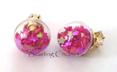 EARRINGS - CLEAR GLASS BALL DOUBLE SIDED STUD - FLORAL FUCHSIA PINK AB