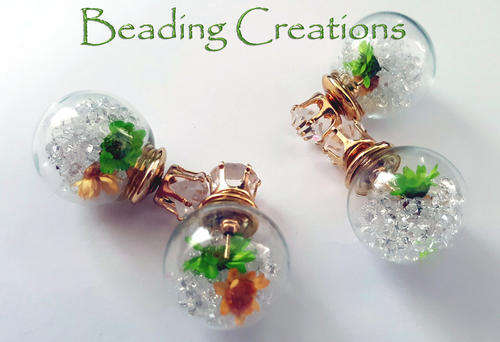 EARRINGS - CLEAR GLASS BALL DOUBLE SIDED STUD - DRIED FLOWERS AND CRYSTALS GREEN AND YELLOW