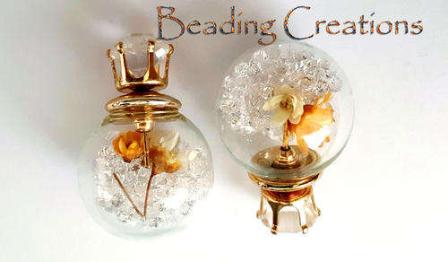 EARRINGS - CLEAR GLASS BALL DOUBLE SIDED STUD - DRIED FLOWERS AND CRYSTALS WHITE AND YELLOW