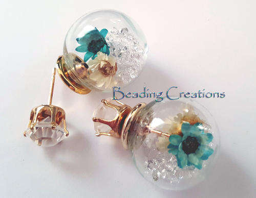 EARRINGS - CLEAR GLASS BALL DOUBLE SIDED STUD - DRIED FLOWERS AND CRYSTALS WHITE AND TURQUOISE