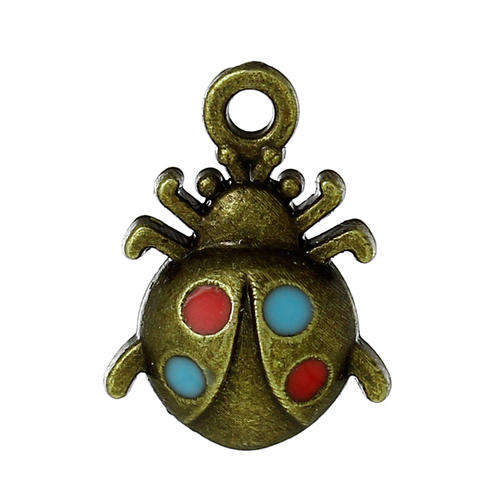 CHARMS - LADYBIRD - ANTIQUE BRONZE AND ENAMEL - PENDANTS - 19x14mm