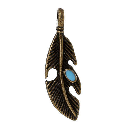 PENDANTS - ANTIQUE BRONZE AND BLUE ENAMEL - FEATHER - CHARMS - 37x12mm