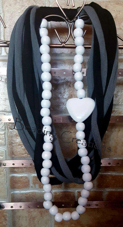 WOODEN BEADED T-SHIRT FABRIC SCARF NECKLACE - BLACK WHITE AND GREY